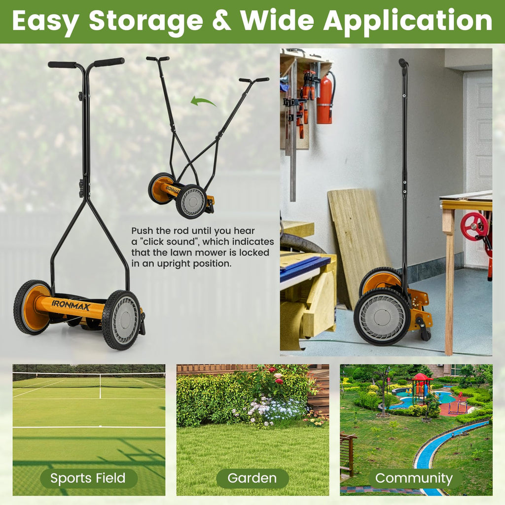Manual Lawn Mower, 14 Inch 5-Blade Walk-Behind Cordless Grass Cutter with 7 Gallon Removable Grass Collect Bag, Adjustable Cutting Heights, Push Reel Lawn Mower for Yard, Garden