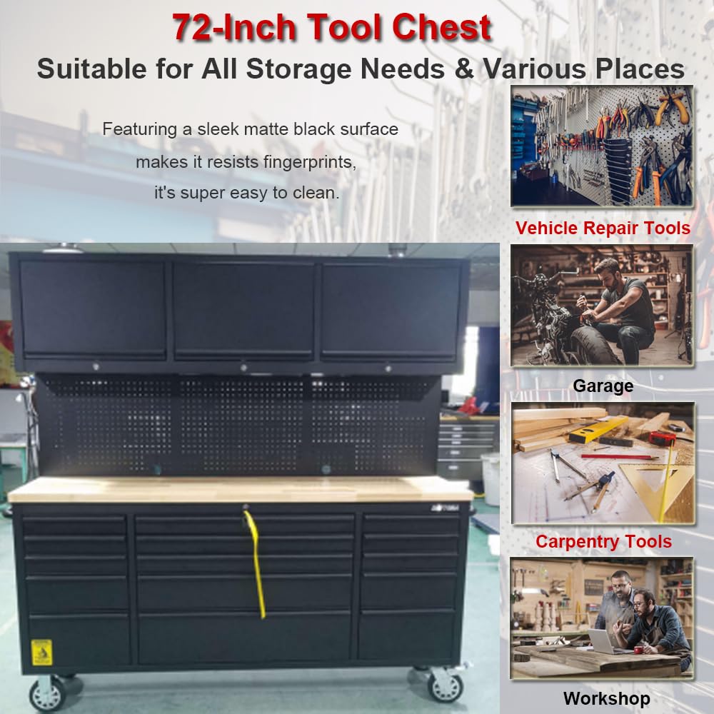 72'' Rolling Tool Chest with 15 Drawers + 3 Upper Cabinets, LarTool Box, Matte Black Mobile Workbench, Lockable StoraCabinet with Wheels for GaraWorkshop (1 × HTC7218PC)