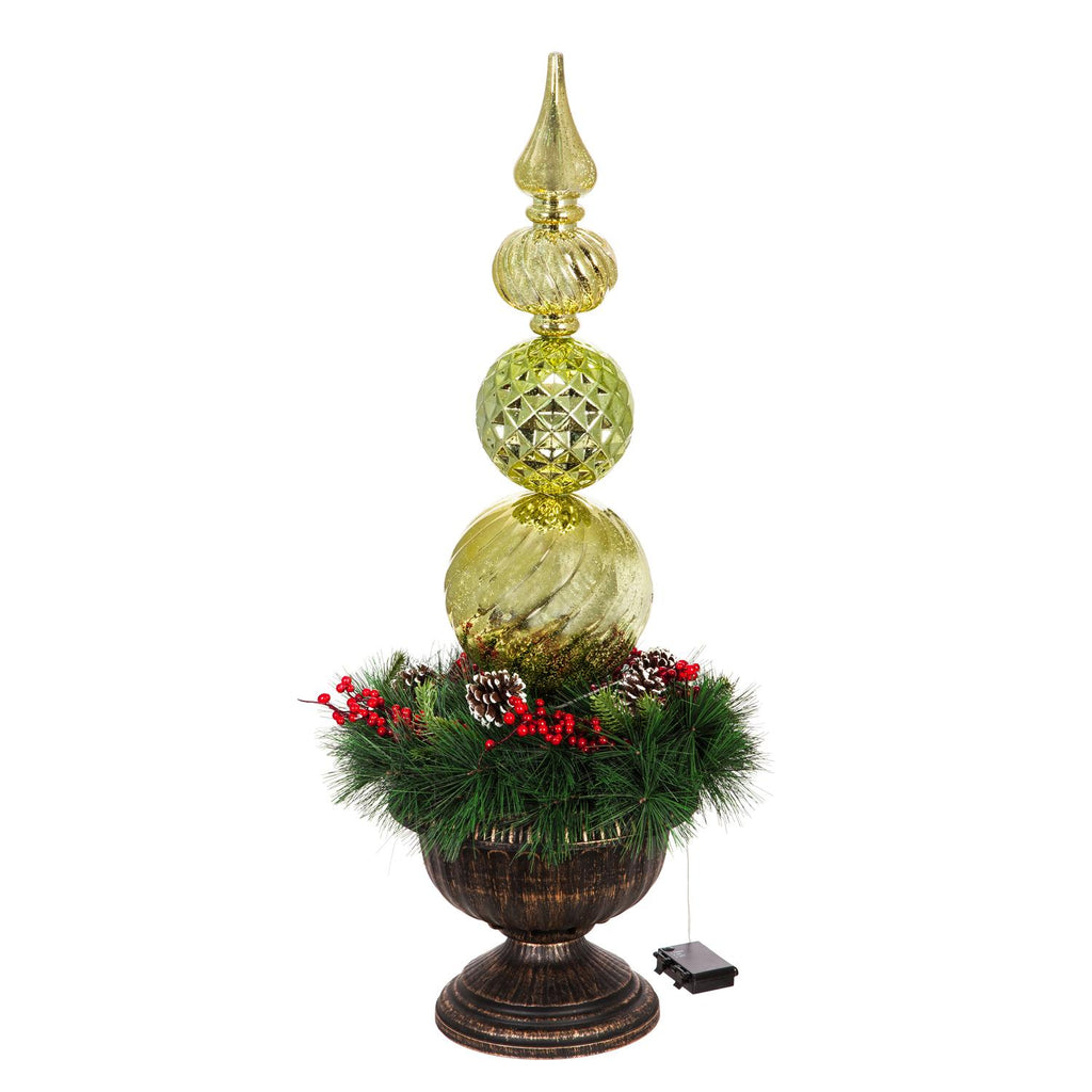 Evergreen 36"H Gold Finial Shatterproof Battery Operated Twinkling White LED Ornament with Wreath in Urn, 14''x 14'' x 36'' inches