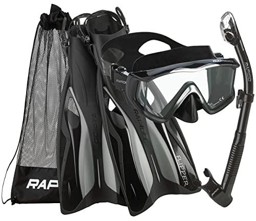 Phantom Aquatics Rapido Boutique Collection Clareza Three Window Tempered Glass Lens Mask Fin Snorkel Set with Snorkeling Gear Carry Bag, ABK - S