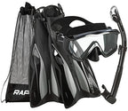 Phantom Aquatics Rapido Boutique Collection Clareza Three Window Tempered Glass Lens Mask Fin Snorkel Set with Snorkeling Gear Carry Bag, ABK - S