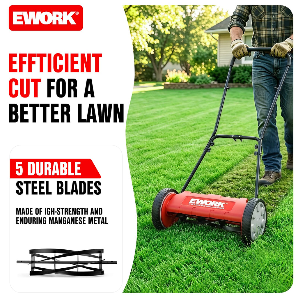Push Reel Lawn Mower 23" with 5-Blade Cutting System for Lawn Care | Manual Lawn Mower with 4 Adjustable Cutting Heights, Sponge-Wrapped Handle, Tool-Assembly, Reel Mowers for Garden, Yard