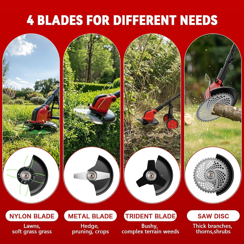 20000 RPM Electric Weed Wacker with Wheel,12″ Brushless Cordless Weed Eater Battery Powered, 4-in-1 Brush Cutter/String Trimmer/Grass Edger Tool/Lawn Mower, Stringless Weed Trimmer,5 Blade,2 Battery