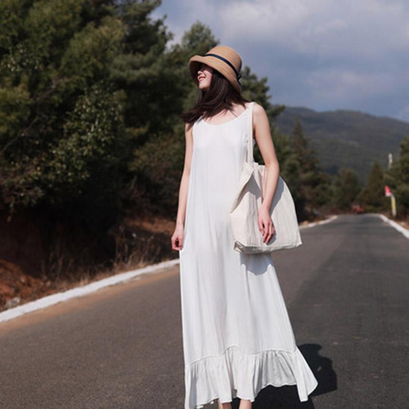 Spring New White Dress Cotton Casual Sleeveless Dress