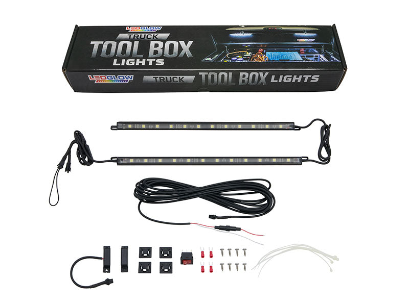 2pc White Truck Tool Box LED Lighting Kit for Work & Utility Trucks | Universal Fitment 12" Tubes Install Inside Lid & Shine Down on Tools, Includes Magnetic Power Switch for Automatic On/Off