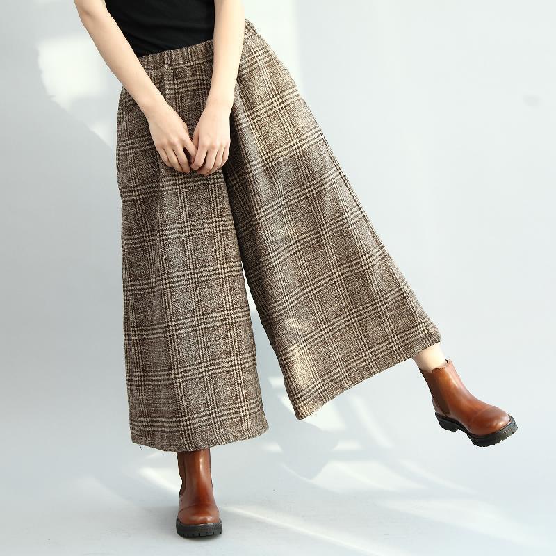winter elastic waist plaid wide leg pants