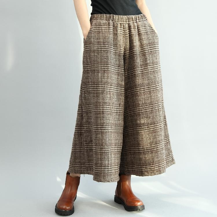winter elastic waist plaid wide leg pants