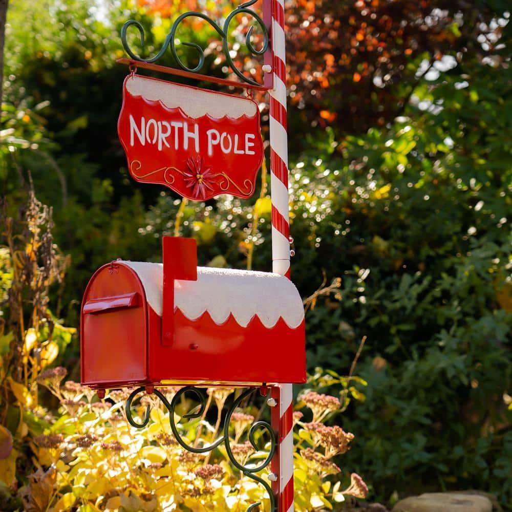 72 in. Tall North Pole Mailbox with Candy Cane Stand