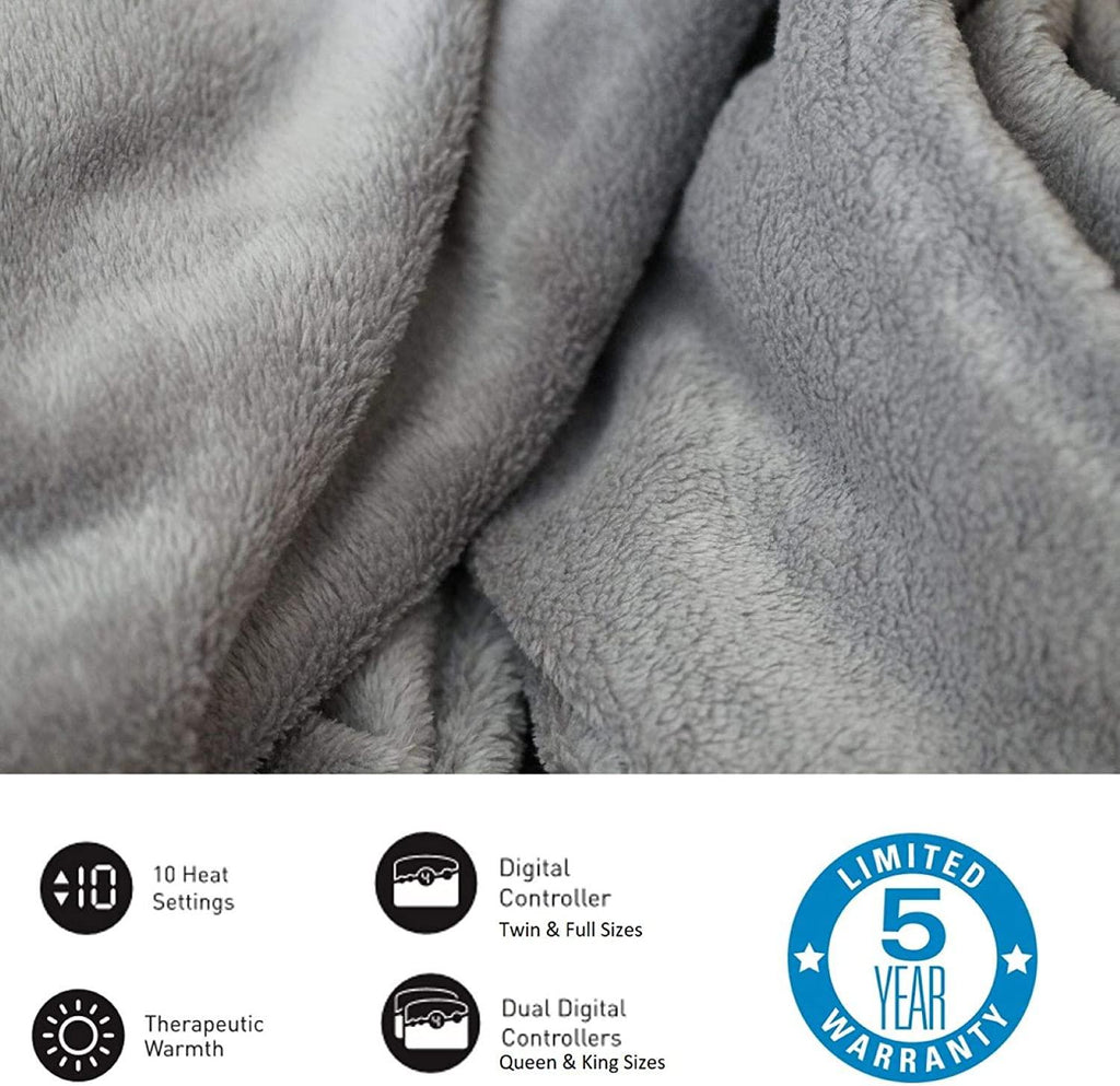 Micro Plush Electric Heated Blanket with Digital Controller, Queen, Grey