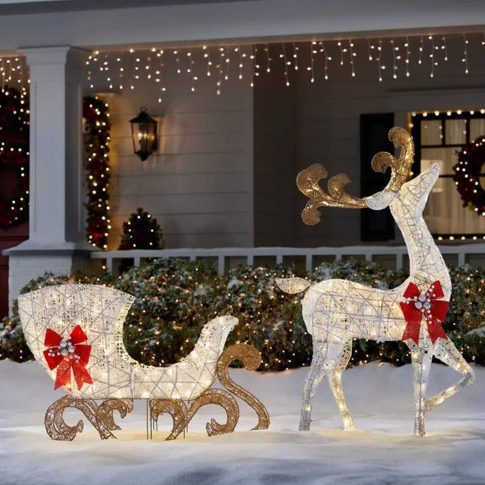 5 ft Warm White LED Reindeer with Sleigh Holiday Yard Decoration