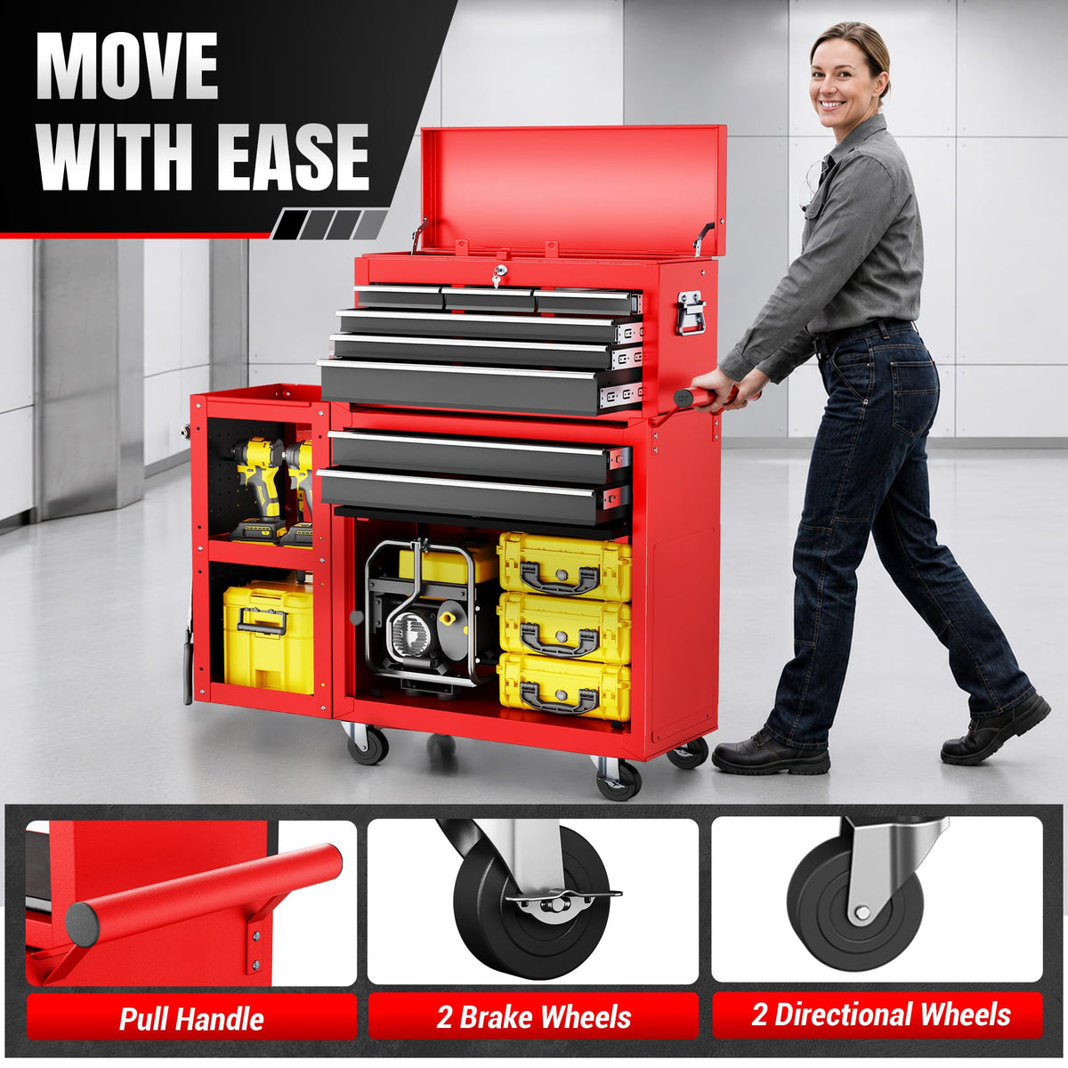 8-Drawer Rolling Tool Chest, Assembled Metal Tool StoraCabinet with Wheels, LocSliding Drawers & Detachable Top Box, for GaraWorkshop Repair Room Warehouse, Red