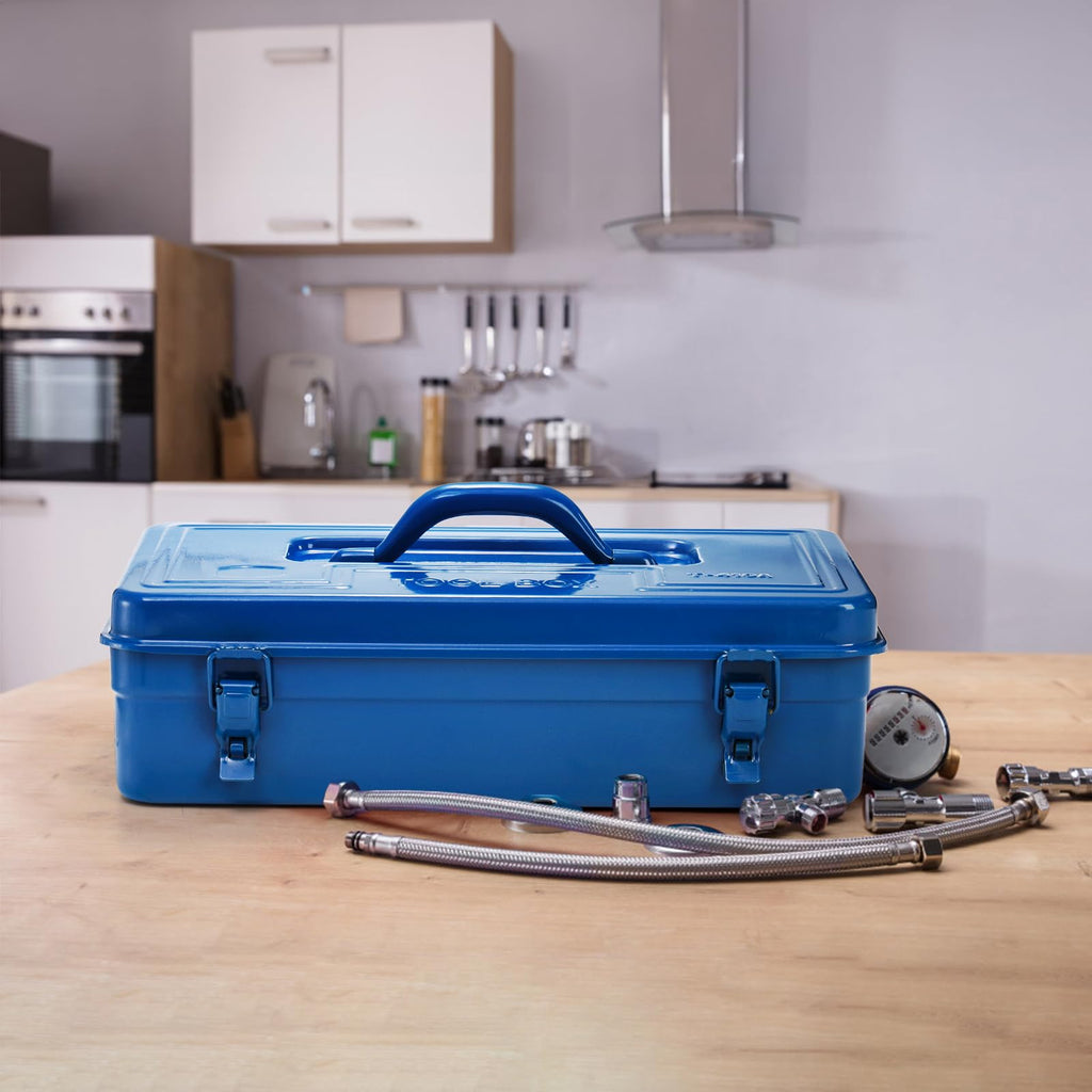 Portable Steel Tool Box, 16 Inch Metal Tool Organizer Box with Double Latch Closure and Handle, Heavy Duty StoraToolbox Chest for Workshop, Garage, Warehouse, Household, Blue