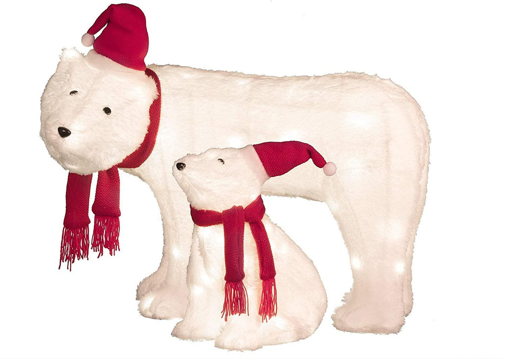 Haute Decor Mamma and Baby Polar Bear (Set of 2) Easy Setup Outdoor Lighted Christmas Yard Decor with 50 Warm White LED Lights and Classic Red and White Hat and Scarf