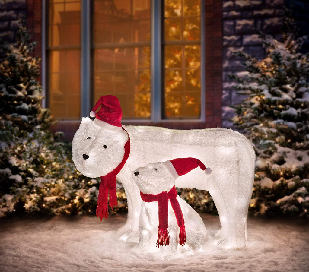 Haute Decor Mamma and Baby Polar Bear (Set of 2) Easy Setup Outdoor Lighted Christmas Yard Decor with 50 Warm White LED Lights and Classic Red and White Hat and Scarf