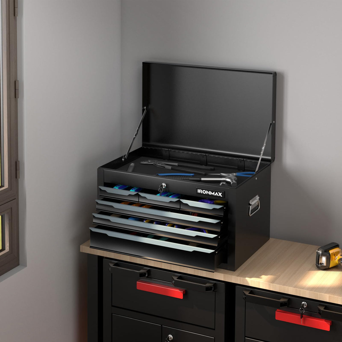 Tool Box, 24” 6-Drawers Steel Tool Chest w/Top Tool Tray,Automatic Lock, Protective Liners, Handle, Smooth Ball Bearing Sides, Portable Tool StoraOrganizer, Toolbox for GaraWorkshop