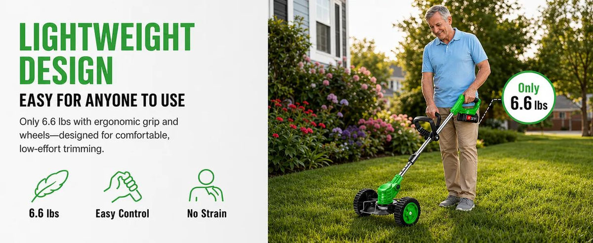 Cordless Weed Wacker with 2 Batteries, Lightweight 21V Weed Trimmer with Wheels, Electric Grass Trimmer, Adjustable Shaft Lawn Tool for Small Yard Tight Spaces