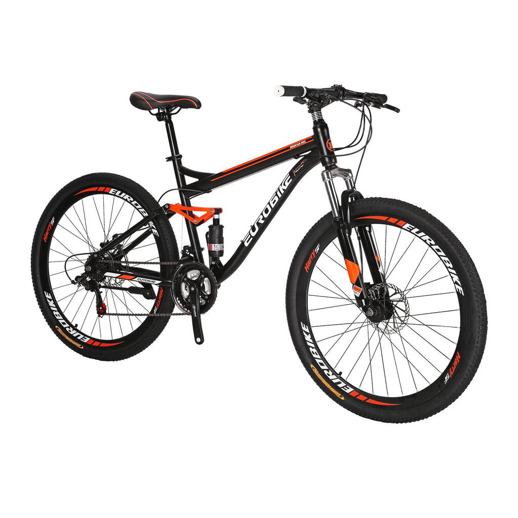 Eurobike S7 Mountain Bike Full Suspension Frame 21 Speed Shifter 27.5 Inch Wheels Dual Disc Brakes Bikes for Men Orange