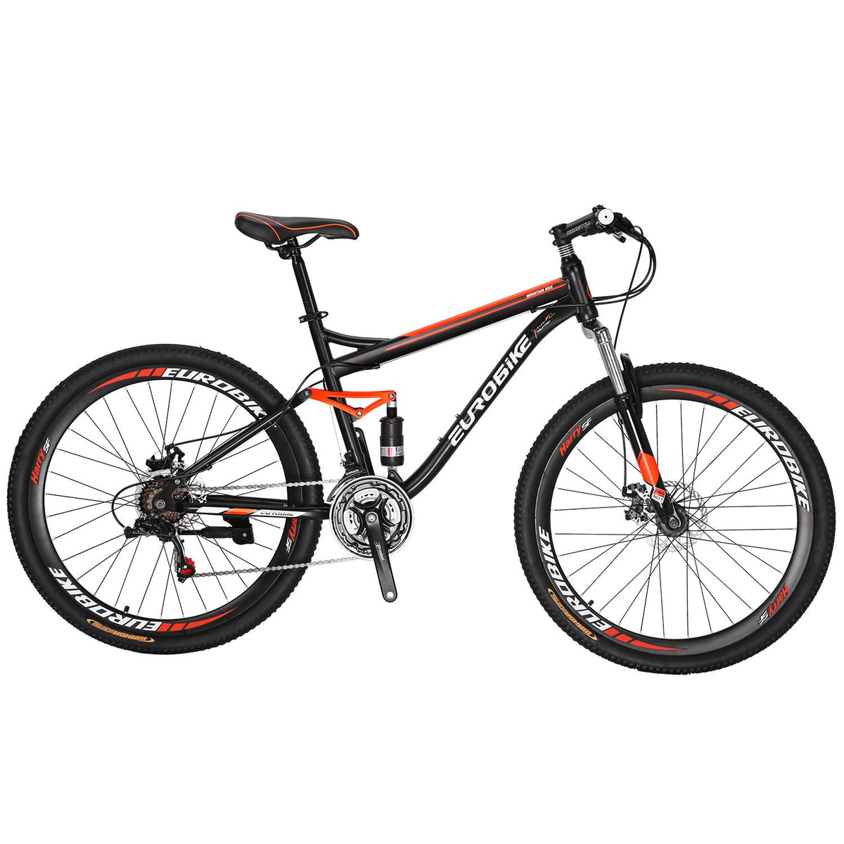 Eurobike S7 Mountain Bike Full Suspension Frame 21 Speed Shifter 27.5 Inch Wheels Dual Disc Brakes Bikes for Men Orange