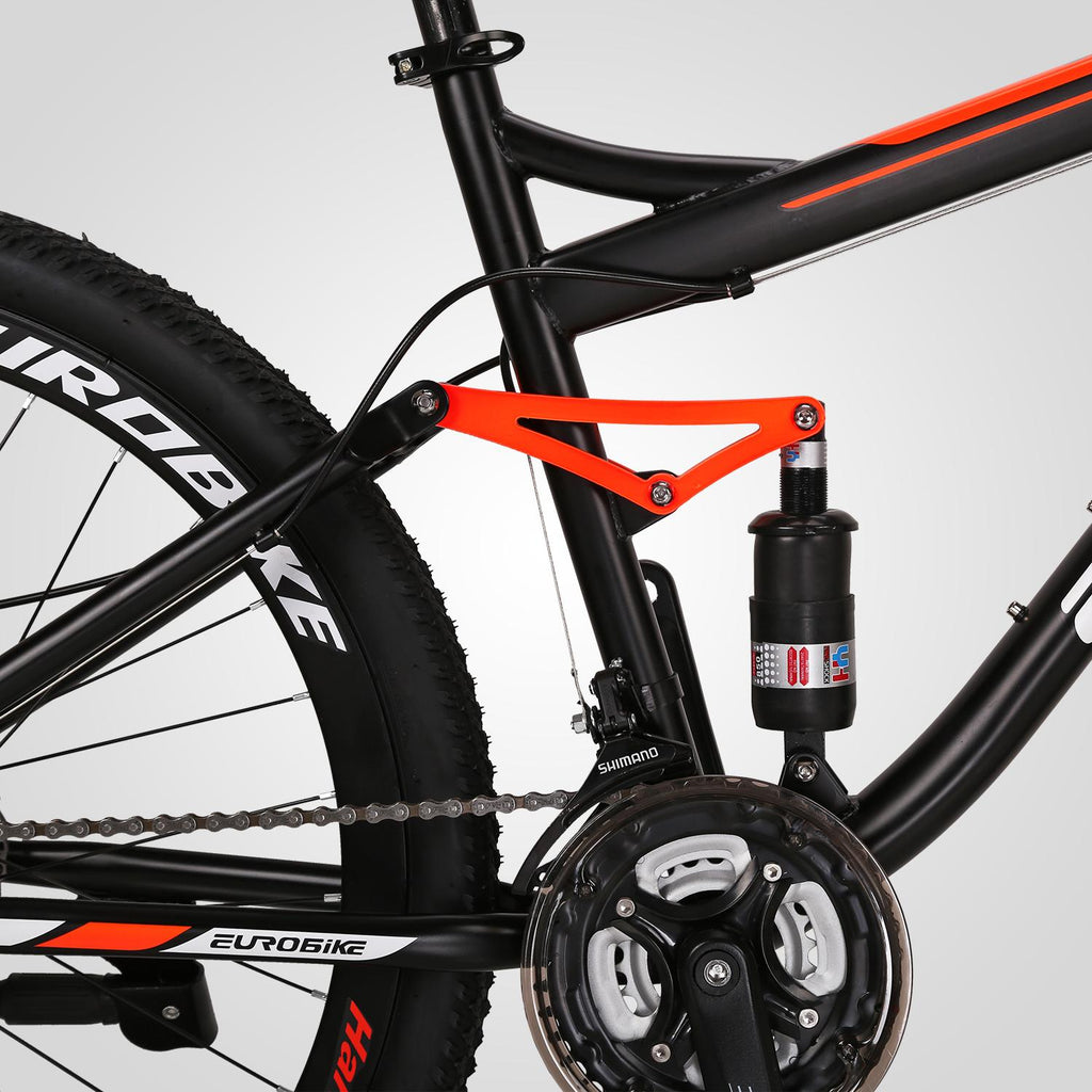 Eurobike S7 Mountain Bike Full Suspension Frame 21 Speed Shifter 27.5 Inch Wheels Dual Disc Brakes Bikes for Men Orange