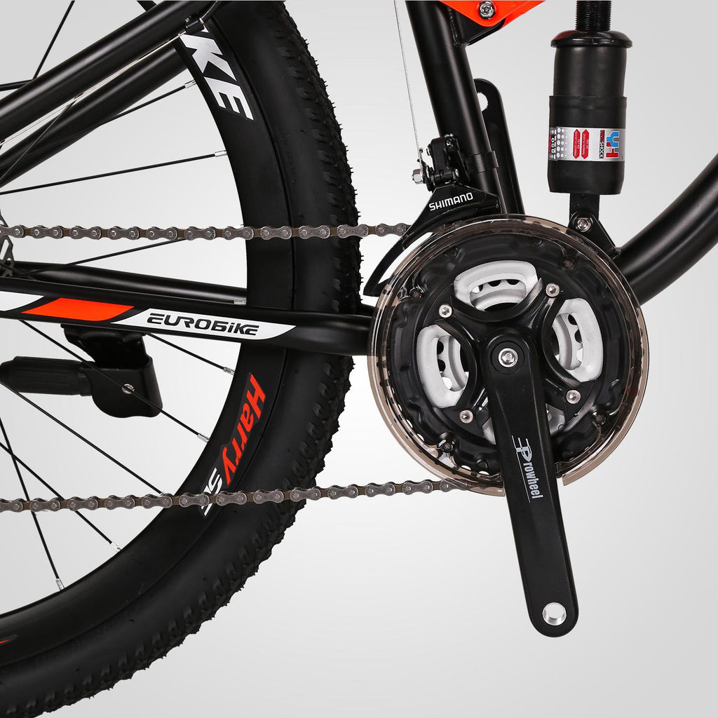 Eurobike S7 Mountain Bike Full Suspension Frame 21 Speed Shifter 27.5 Inch Wheels Dual Disc Brakes Bikes for Men Orange