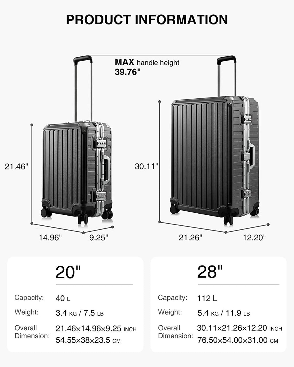 Aluminum Frame Luggage Sets, PC Hard Shell Checked Suitcase with 4 Corners, Zipperless Luggage with Spinner Wheels