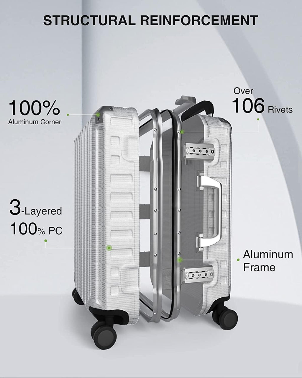 Aluminum Frame Luggage Sets, PC Hard Shell Checked Suitcase with 4 Corners, Zipperless Luggage with Spinner Wheels