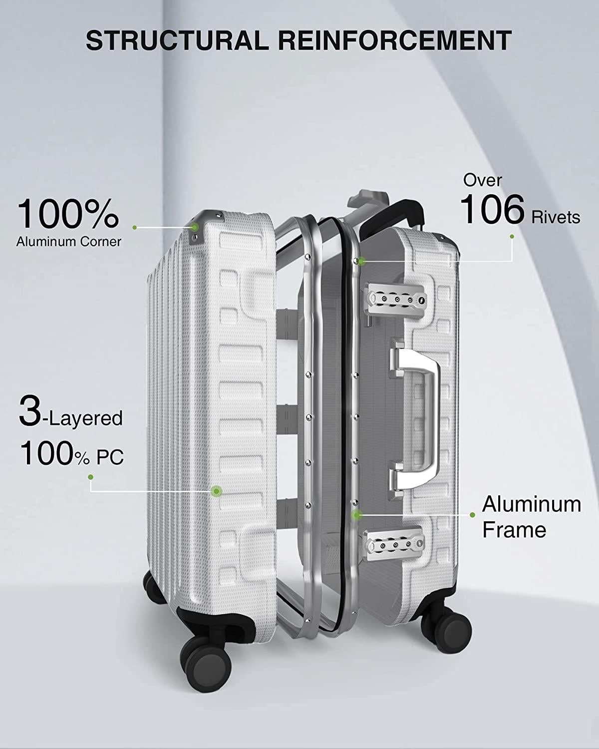Aluminum Frame Luggage Sets, PC Hard Shell Checked Suitcase with 4 Corners, Zipperless Luggage with Spinner Wheels