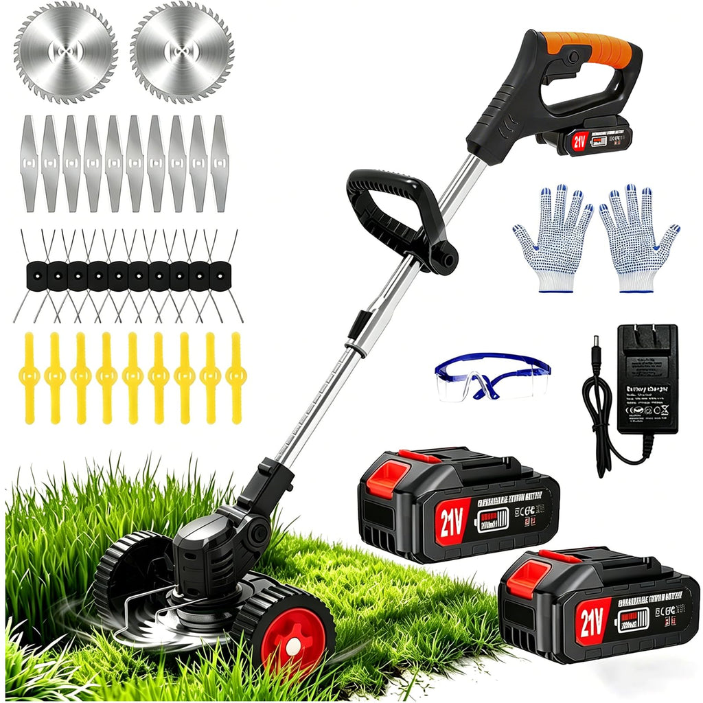 Electric Weed Wacker Cordless Battery Powered Weed Eater, String Trimmer with 2 Battery Operated&amp;Wheels&amp;Metal Blades, Lightweight 4 in 1 Grass Trimmer/Brush Cutter/Lawn Edger/Mower for Garden Yard