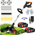 Electric Weed Wacker Cordless Battery Powered Weed Eater, String Trimmer with 2 Battery Operated&amp;Wheels&amp;Metal Blades, Lightweight 4 in 1 Grass Trimmer/Brush Cutter/Lawn Edger/Mower for Garden Yard