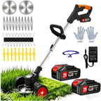 Electric Weed Wacker Cordless Battery Powered Weed Eater, String Trimmer with 2 Battery Operated&amp;Wheels&amp;Metal Blades, Lightweight 4 in 1 Grass Trimmer/Brush Cutter/Lawn Edger/Mower for Garden Yard