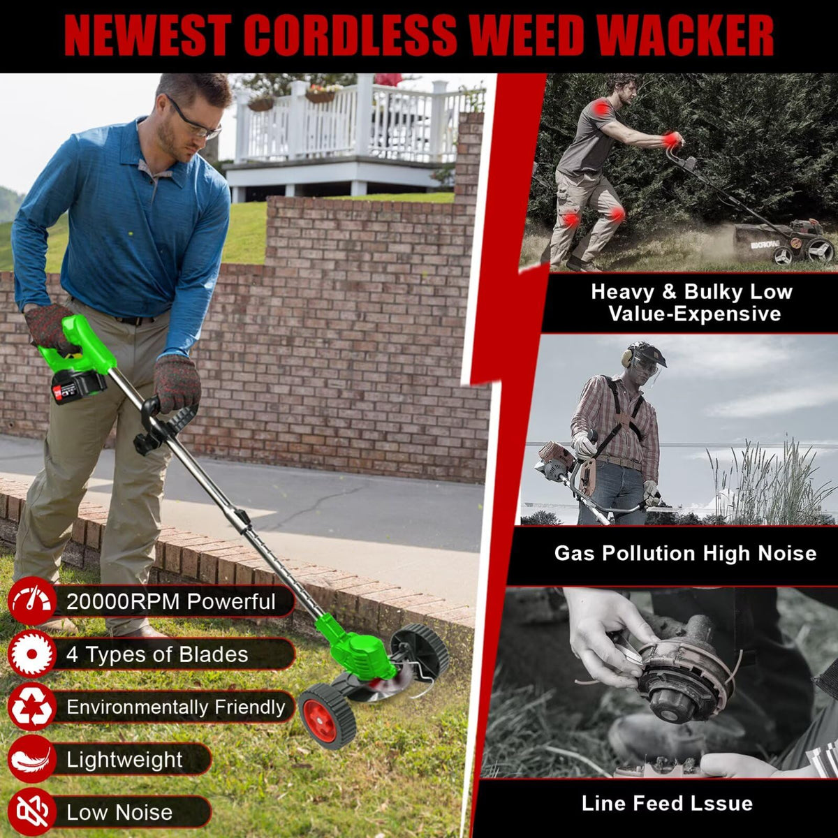 Cordless Weed Wacker with 2 Batteries, Lightweight 21V Weed Trimmer with Wheels, Electric Grass Trimmer, Adjustable Shaft Lawn Tool for Small Yard Tight Spaces
