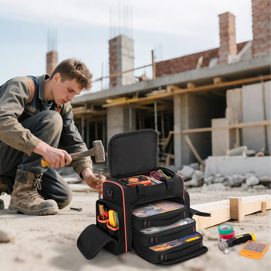 Tool Bag with 3 Removable Cases, 2 Layers Tool Tote for Hand Tools, Black with Red Binding