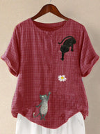 Plus Size  Cartoon Cat Print Round Neck Short Sleeve Blouse