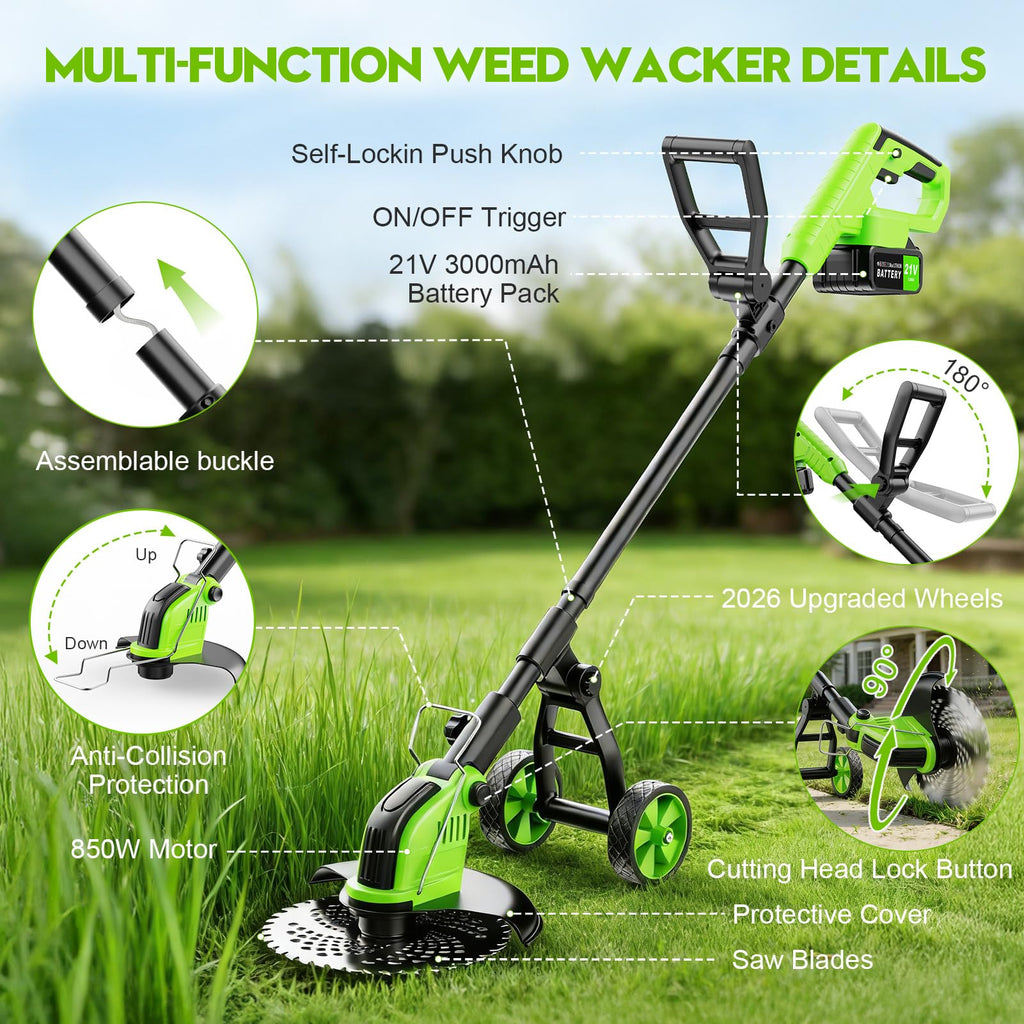 20000 RPM Electric Weed Eater Battery Powered 6000mAh, 12″ Brushless Electric Weed Wacker Cordless Wheeled Edger Trimmer, 4-in-1 Brush Cutter Heavy Duty/String Trimmer/Lawn Mower Edger, 2 Battery Tool