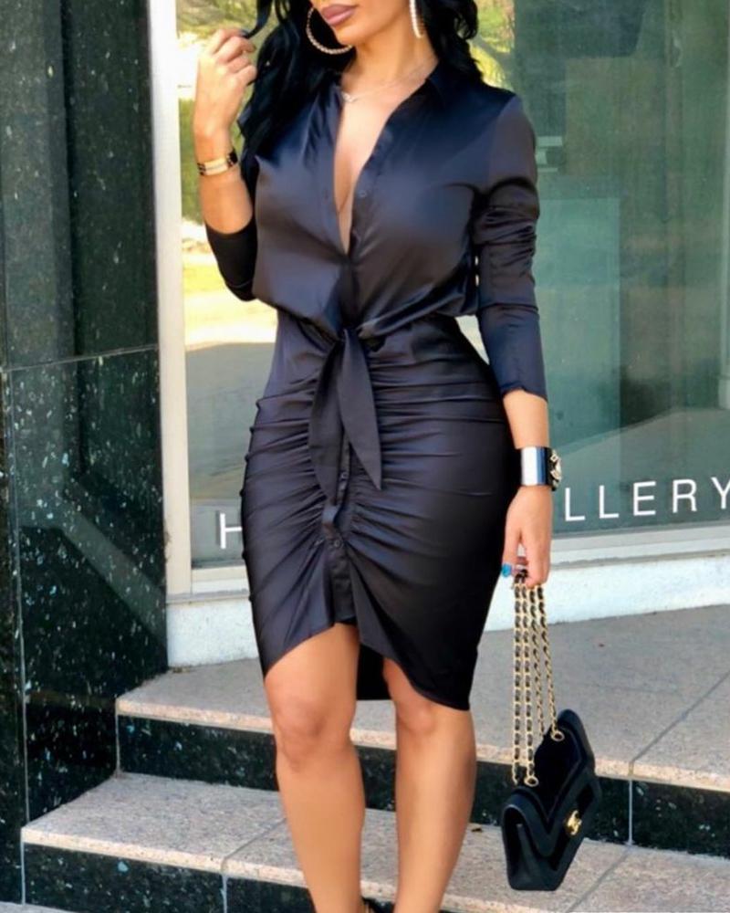 lace-up solid color long sleeve midi dress