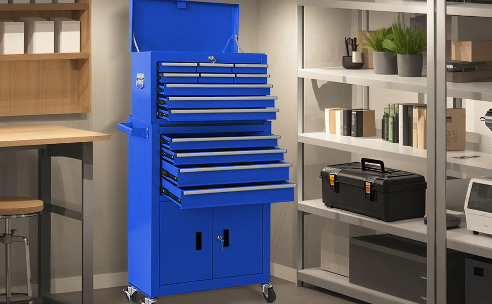 13-Drawer Rolling Tool Chest with Double Doors, 2 in 1 Detachable Rolling Tool Chest Combo, Mobile Tool Cabinet with Drawers, Metal LarLockable Tool Box for GaraWorkshop (Blue)