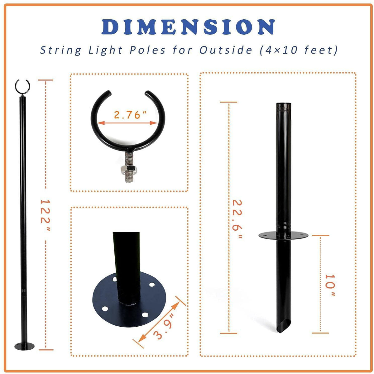 TPSHKE 4 Pack String Light Poles for Outside (4×10 Feet), Heavy-Duty , Universal Scene Installation Settings, Suitable for Your Garden, Terrace, Wedding, Party, Birthday Decoration