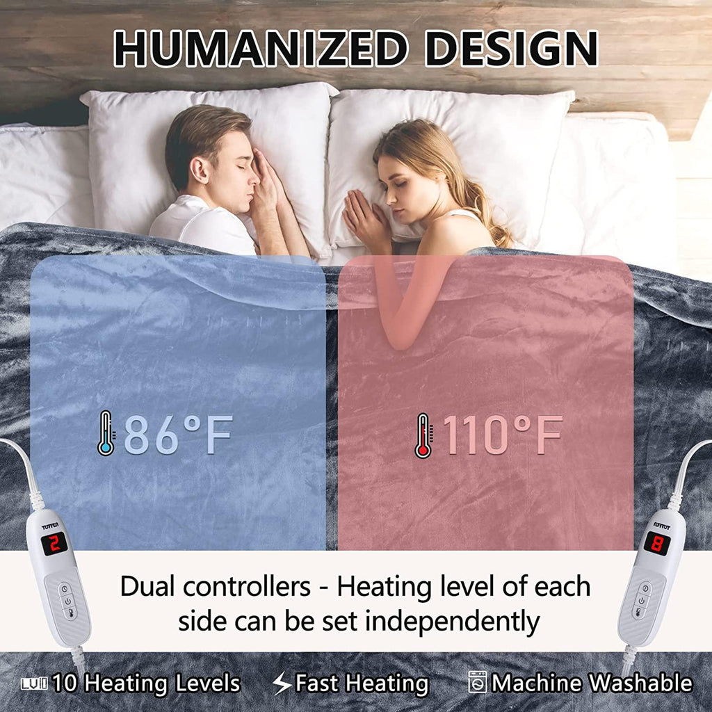 Electric Heated Blanket Queen Size, Extremely Soft Cozy Flannel Heating Blanket with Dual Controllers, 10 Heating Levels &amp; 8 Hours Auto-Off, Fast Heating &amp; Machine Washable, 84" x 90"