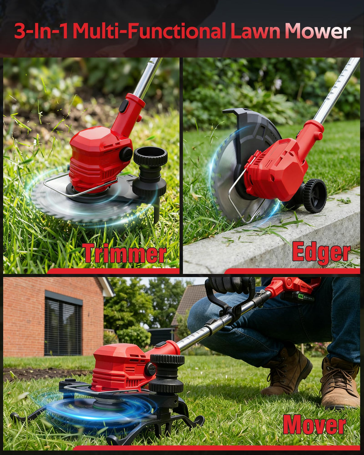 Electric String Trimmer, 3 in 1 Cordless Weed Wacker Grass Eater, Brushless Weed Eater, Grass Trimmer with 2 x 24V Batteries and Charger for Lawn, Yard and Brush Trimming