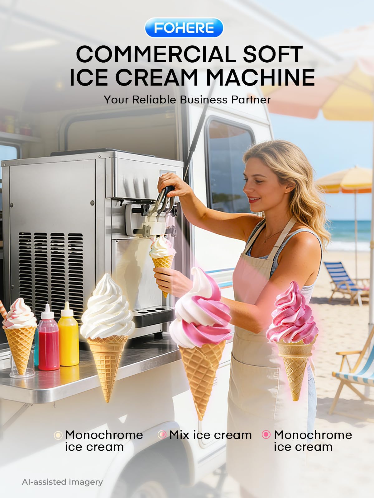 Commercial Ice Cream Machine 5.3-7.4 Gal/H, 3 Flavors Countertop Soft Serve Ice Cream Machine with 8L Hopper, Auto Clean Ice Cream Maker With Pre-Cooling for Snack Restaurants Bars, 1800W