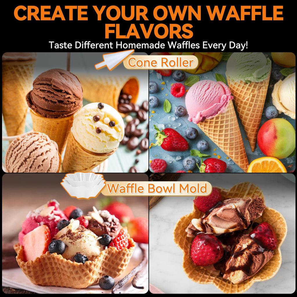 Waffle Cone Maker Machine with Browning Control, 7.5” Ice Cream Cone Maker, Cone Roller & Bowl Press Included,Thin Waffle Maker Crispy, Nonstick Waffle Bowl Maker,Graphite