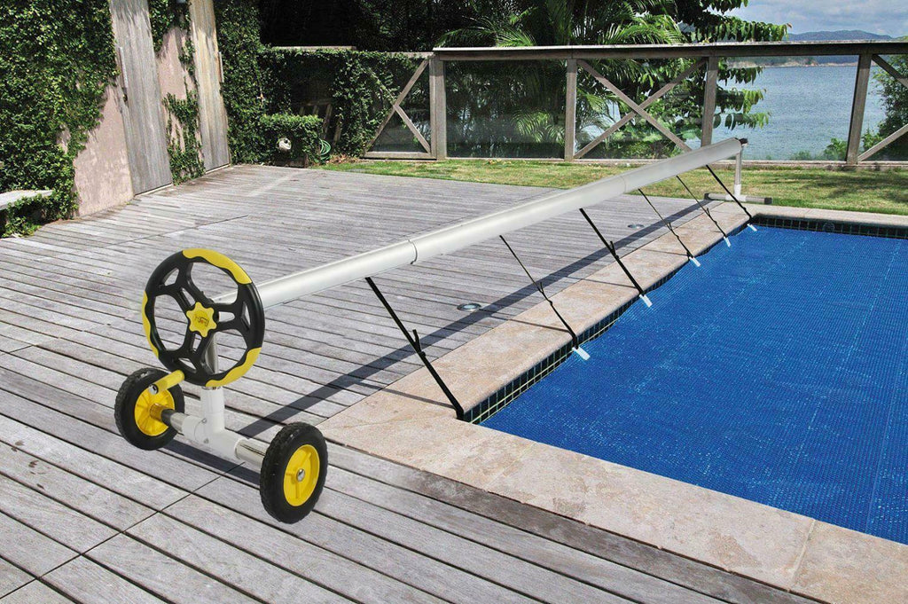 stainless steel solar cover reel for swimming pools up to 14 feet wide inground