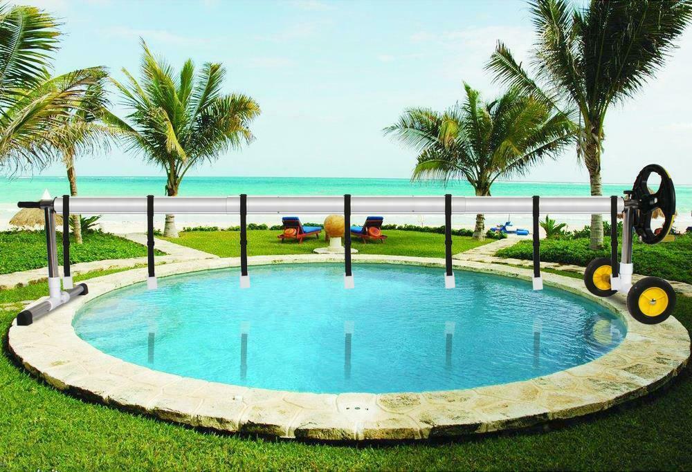 stainless steel solar cover reel for swimming pools up to 14 feet wide inground