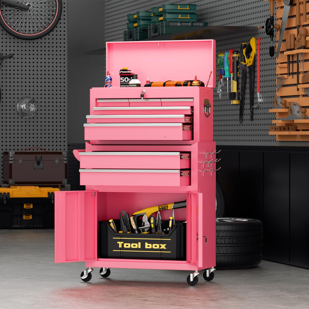 8 Drawer Rolling Tool Chest with Wheels, Lockable 2 in 1 Detachable Tool Cabinet wit Drawers and Black Liners, GaraTop Toolbox and Bottom StoraCart with Side Hooks,Pink