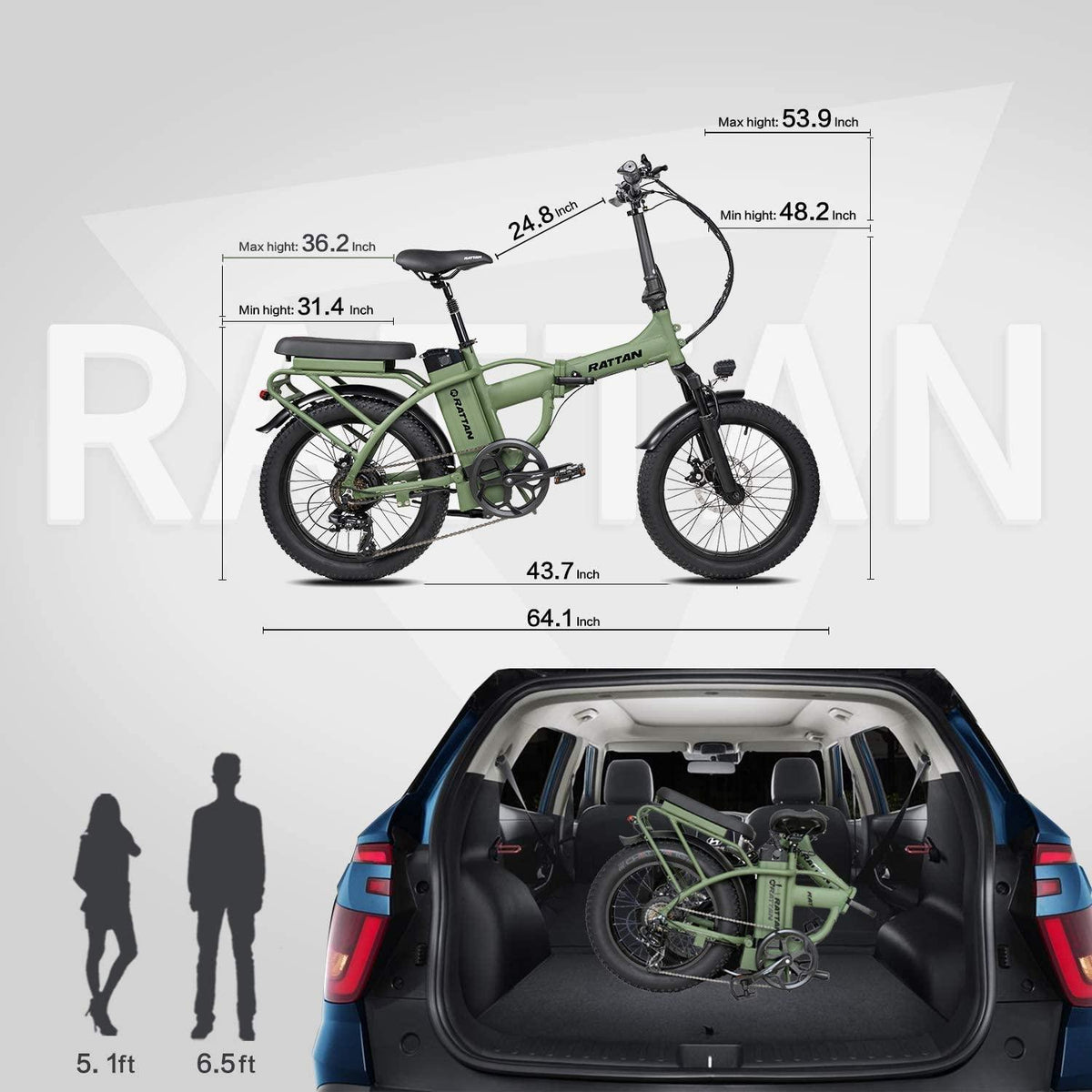 R RATTAN 750W 500W 20Inch Folding Electric Bike I-PAS 7 Speed 48V 13AH Removable Lithium Battery 4.0/3.0 All-Terrain Fat Tire 4.3" LCD Display Beach Commute Bicycle Couple Models E-Bike