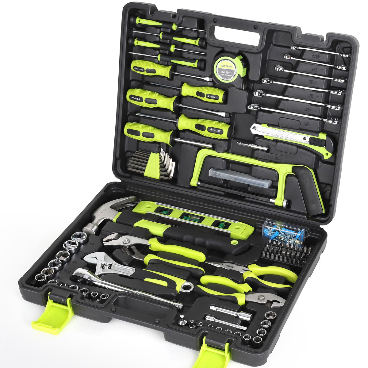 198-Piece Household Tool Set, Home Repairing Tool Set with Toolbox, SAE Mechanics Hand Tool Kit for DIY, Home Maintenance, Green