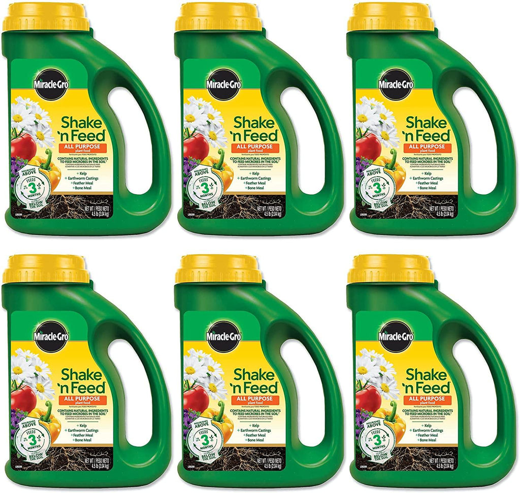 miracle-gro shake 'n feed all purpose plant food, plant fertilizer, 4.5 lbs. (6-pack)
