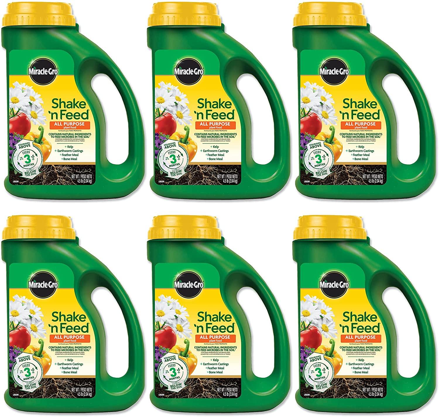 miracle-gro shake 'n feed all purpose plant food, plant fertilizer, 4.5 lbs. (6-pack)