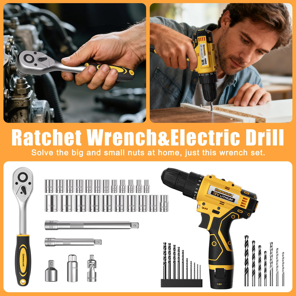 Tool Kit Box Drill Set with 12V Power Cordless Drill 299-Piece Tool Kit for Home Tool Set StoraCase with Drawer General Household Drill Set for Home Mechanics Repairs Men & Women, DIY