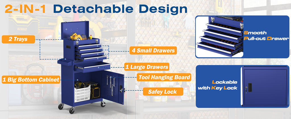 5-Drawers Tool Chest, 2-in-1 Rolling Tool Box with Wheels and Drawers, Detachable StoraToolbox with Lock, Heavy-Duty Metal Tool Cart for Garage, Workshop (Blue)